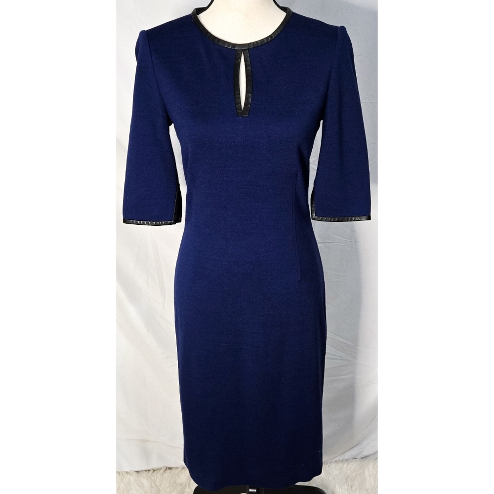 St John Milano Knit Dress Leather Trim Keyhole Neckline Sheath Blue Black